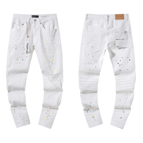 White Slim Denim Jeans with Multicolor Paint Splatter and Knee Distressing